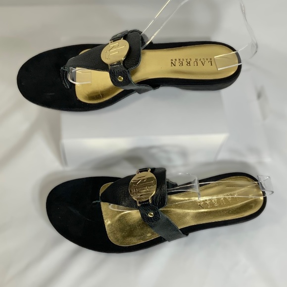 Ralph Lauren LRL Kalana Leather  Sandals Size 10B in black and gold - Picture 7 of 9